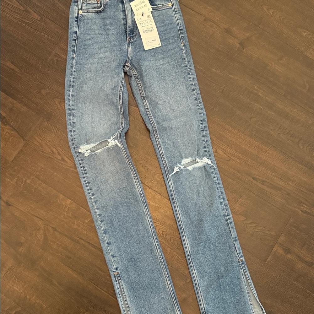 Zara Blue Distressed Split detail Jeans